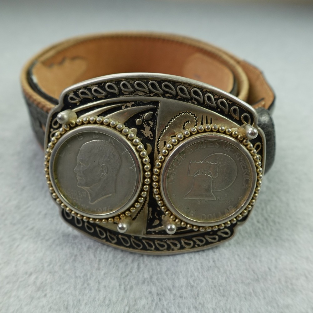 Tony Lama Belt Mens 40 Black Western Leather Tooled C41393 Eisenhower Coin Buckl